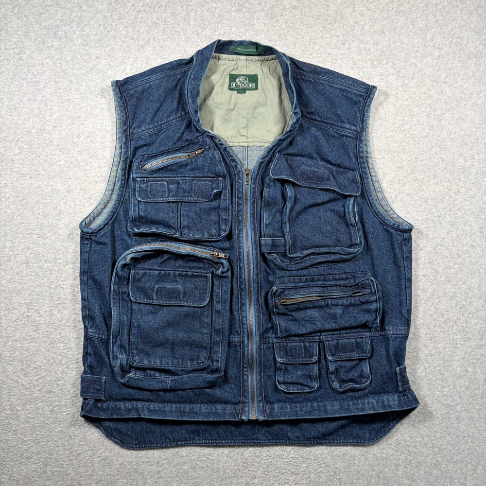 Vintage Bass Pro Shops Outdoors Fishing Vest Mens Large Blue Denim Utility 90s